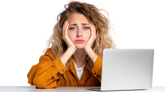 Frustrated young woman sitting at a desk with a laptop, showing signs of stress and exhaustion.