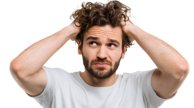 Frustrated young man holding his head in despair, expressing confusion and stress, white isolate background.