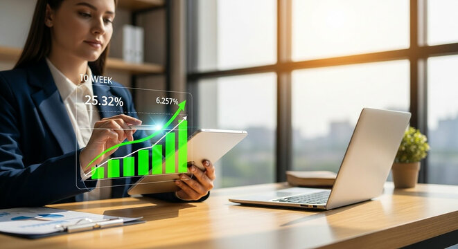 Businesswoman analyzing financial growth data on a digital interface