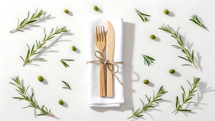 A beautifully arranged place setting featuring wooden cutlery tied with twine on a white napkin surrounded by fresh rosemary sprigs and green olives