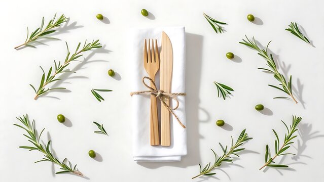 A beautifully arranged place setting featuring wooden cutlery tied with twine on a white napkin surrounded by fresh rosemary sprigs and green olives