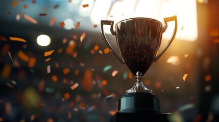 Large sports trophy on pedestal with confetti rain, bold lighting, 3D style