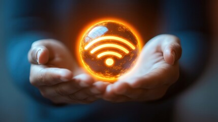 Business communication social network concept: Connect to the internet network with new technology. Person holding globe with Wi-Fi technology 7 icon on virtual screen.