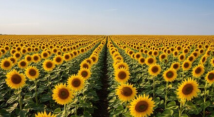 Obraz premium Vast Sunflower Field Under Clear Blue Sky, Symmetrical Rows, Vibrant Yellow Blooms, Midday Light, Radiant Floral Landscape