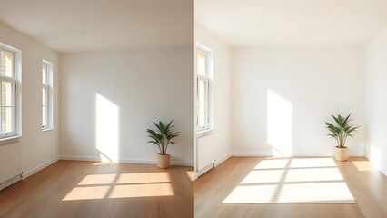 Minimalist room interior transformation shown in a side-by-side comparison with natural lighting and simple design.
