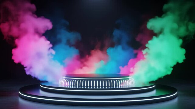 Circular Platform with Neon Lights and Colorful Smoke