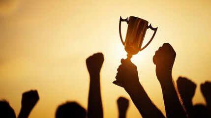Winning trophy celebration with hands raised, golden glow, team sports event style