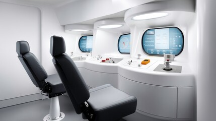 Fototapeta premium Futuristic Control Room Interior, Space Exploration, Technology Interface. Clean white design with digital display screens and comfortable seats.