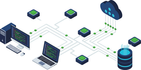 Isometric cloud computing network diagram showing server database pc and laptop connection architecture