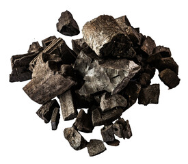 Pile of Black Charcoal Pieces &ndash; Burnt Wood Fuel Isolated on White