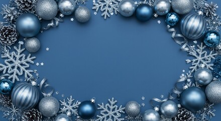 Obraz premium A festive blue background adorned with shimmering silver ornaments, delicate snowflakes, and wintry pinecones for a holiday cheer.