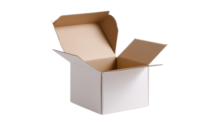 Open cardboard box, isolated on white background for packaging and shipping concepts.