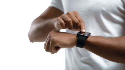 Person adjusting smartwatch on wrist, isolated on white background.
