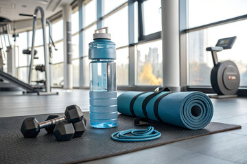 Fitness equipment including dumbbells a water bottle a rolled yoga mat and a resistance band are neatly arranged on a gym floor with large windows in the background