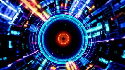 Futuristic digital tunnel with glowing energy rings and cybernetic patterns - Powered by Adobe