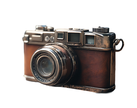Old film camera with historical design and traditional build quality placed on transparent background for marketing, design, or editorial use
