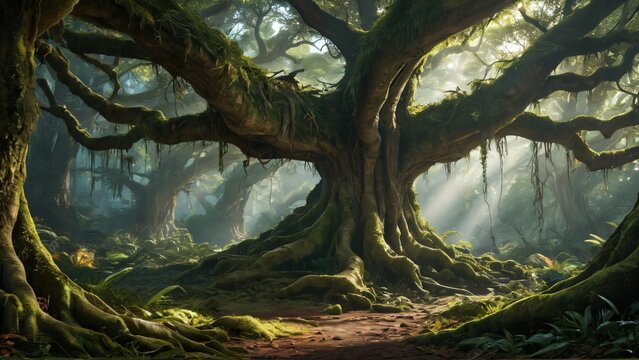 Sunlight streams through the branches of an ancient, mosscovered tree, illuminating a path in a lush, enchanted forest