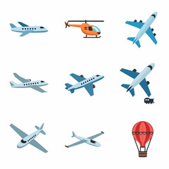 Flat vector illustrations of various types of aircraft, including airplanes, helicopters, and a hot air balloon.