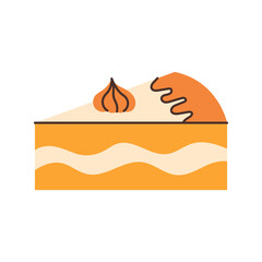 Piece of pumpkin pie with decoration. Autumn dessert. Seasonal pastries. Vector illustration.