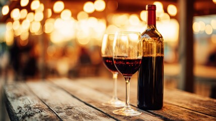 Warm-lit dinner scene with wine bottle and glasses on vintage wooden surface