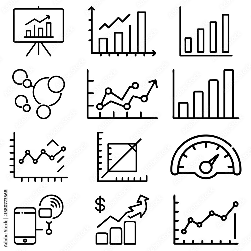Poster illustration of various business charts graphs and diagrams displaying data and analytical informati