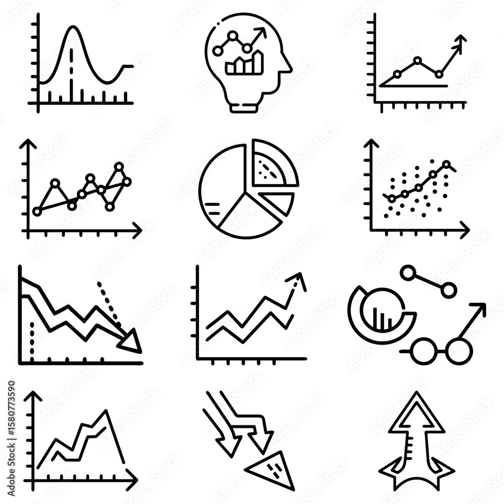 Poster collection of various business charts and graphs including line graphs pie chart and bar graph repre