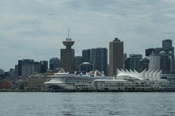 Modern Princess cruiseship cruise ship liner Grand in Vancouver, Canada port on blue sky sunny...