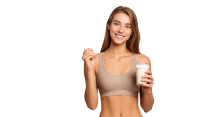 Smiling woman enjoying coffee with a casual pose, isolated on white background.