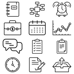 Illustration of business and time management icons including notebook, chart, calendar and more in black outline