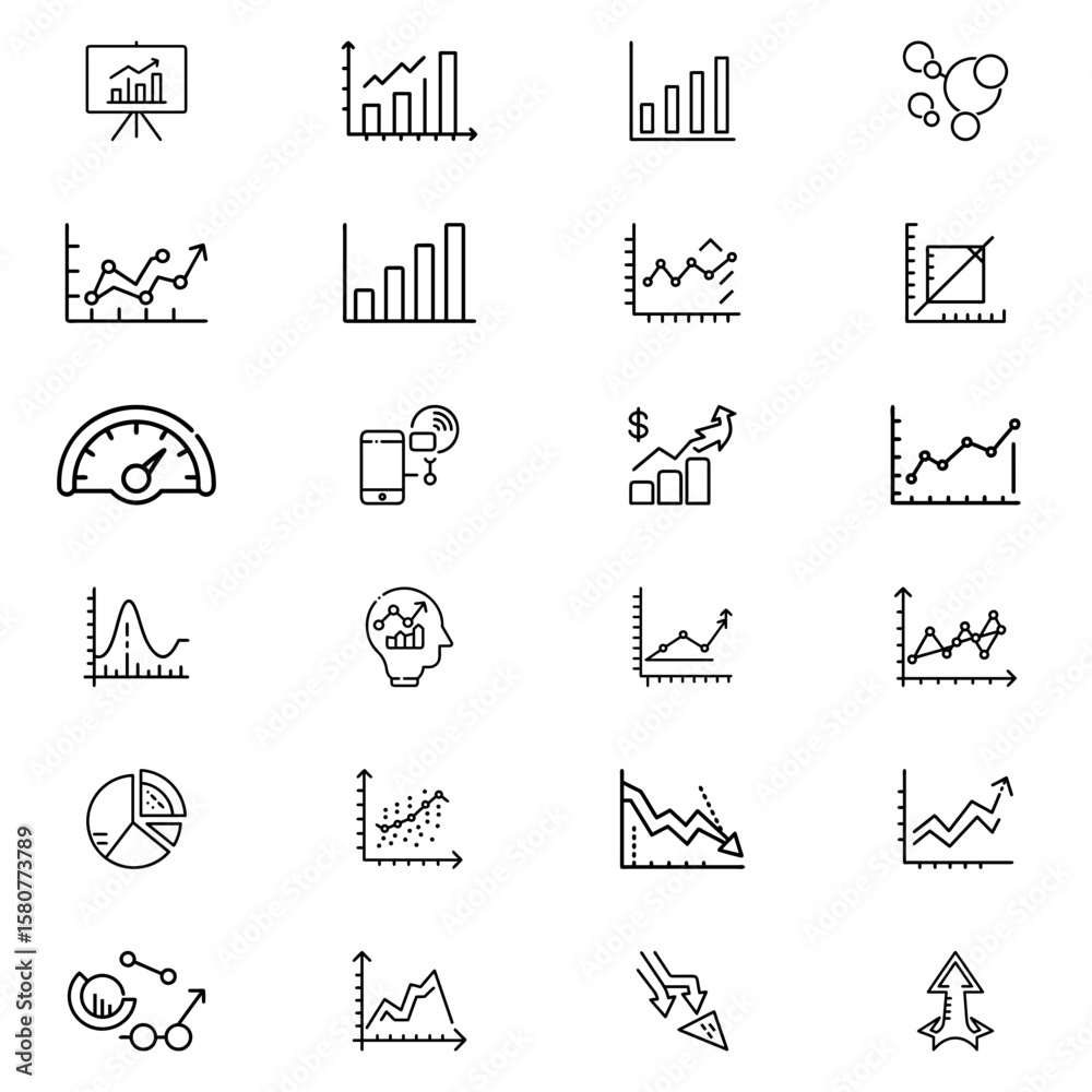 Poster illustration of various types of charts graphs and diagrams representing data analysis and statistic