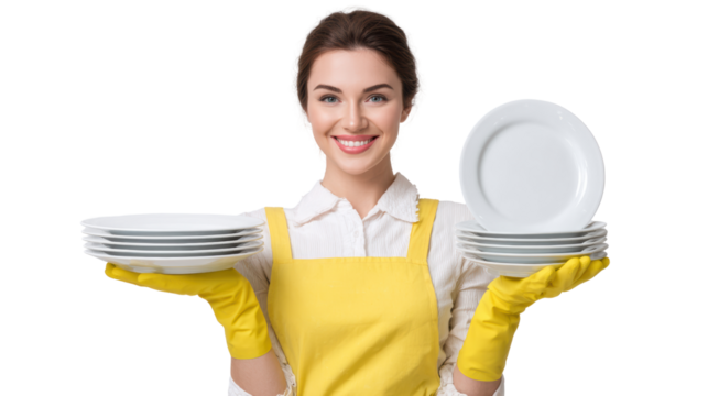 Smiling woman in yellow apron holding clean plates, white isolated background.