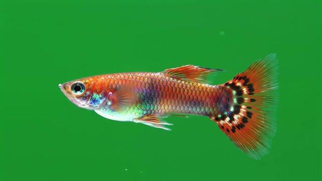 Vibrant Male Guppy Fish with Colorful Tail and Iridescent Body Against a Solid Green Background
