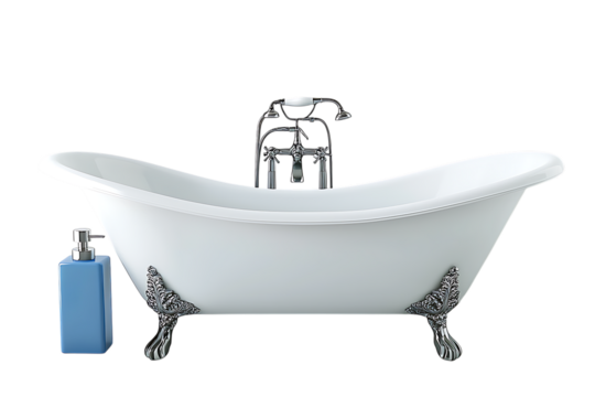 White clawfoot bathtub with chrome fixtures and blue soap dispenser isolated on white or transparent png