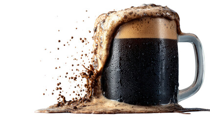 Splashing dark beer in a glass mug with foam, isolated on white background.