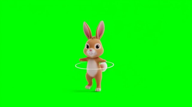 3D Animated Brown Rabbit Hula Hooping on Green Screen