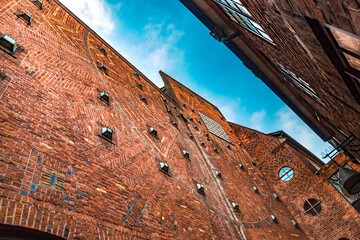 Lovely low angle shot of the famous Atlantis House with the concentrically ornamented brick wall at...