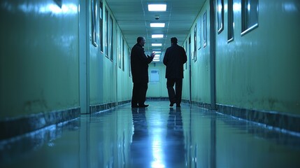 Two figures converse in a dimly lit corridor