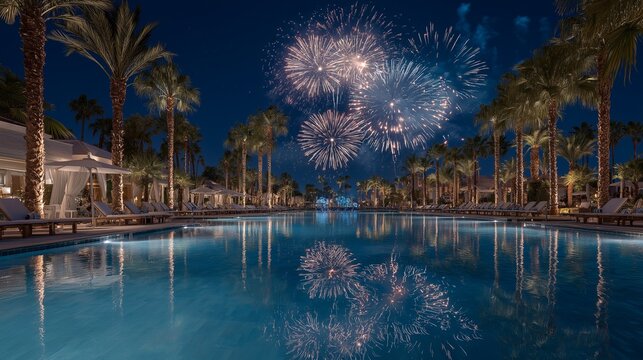 南国リゾートのプールと夜空を彩る花火