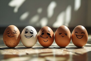 Expressive Eggs: A Delightful Display of Five Unique Eggs Each with Distinct Facial Expressions,world egg day and International Friendship Day concepts