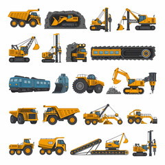 A collection of heavy mining and construction machinery, including excavators, drills, and haul trucks.