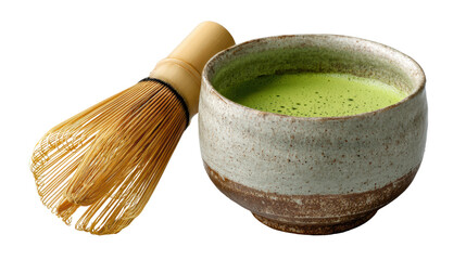 Traditional matcha tea set with a bamboo whisk and a ceramic bowl on a white isolated background.