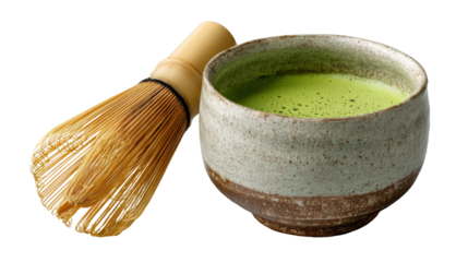 Traditional matcha tea set with a bamboo whisk and a ceramic bowl on a white isolated background.