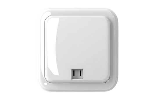 Close-up of a white plastic light switch with a power outlet isolated on white or transparent png