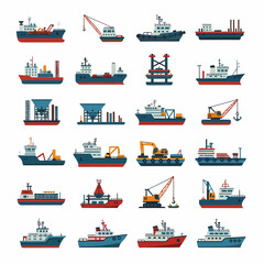 A collection of various types of ships and maritime vessels in a flat vector style, arranged in a grid on a white background.