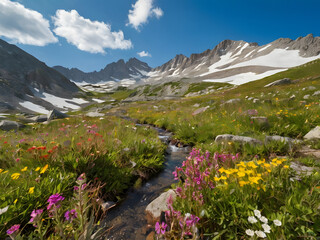 Blooming Wildflowers in a Mountain Meadow Beneath Snow-Capped Peaks and Blue Sky