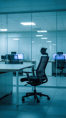 Ergonomic office chair in a glass-walled workspace with computers image