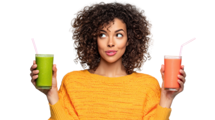 Woman enjoying colorful smoothies, yellow sweater, playful expression, white isolated background.