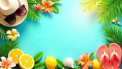 Summer flat lay featuring palm trees leaves, lemons, straw hats with, slates. The background is a light blue color, copy space.