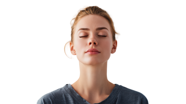 Woman in meditation, serene expression, calm atmosphere, di-cut style, white isolated background