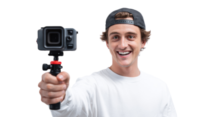 Young man holding a camera, showcasing excitement and enthusiasm, white isolate background.